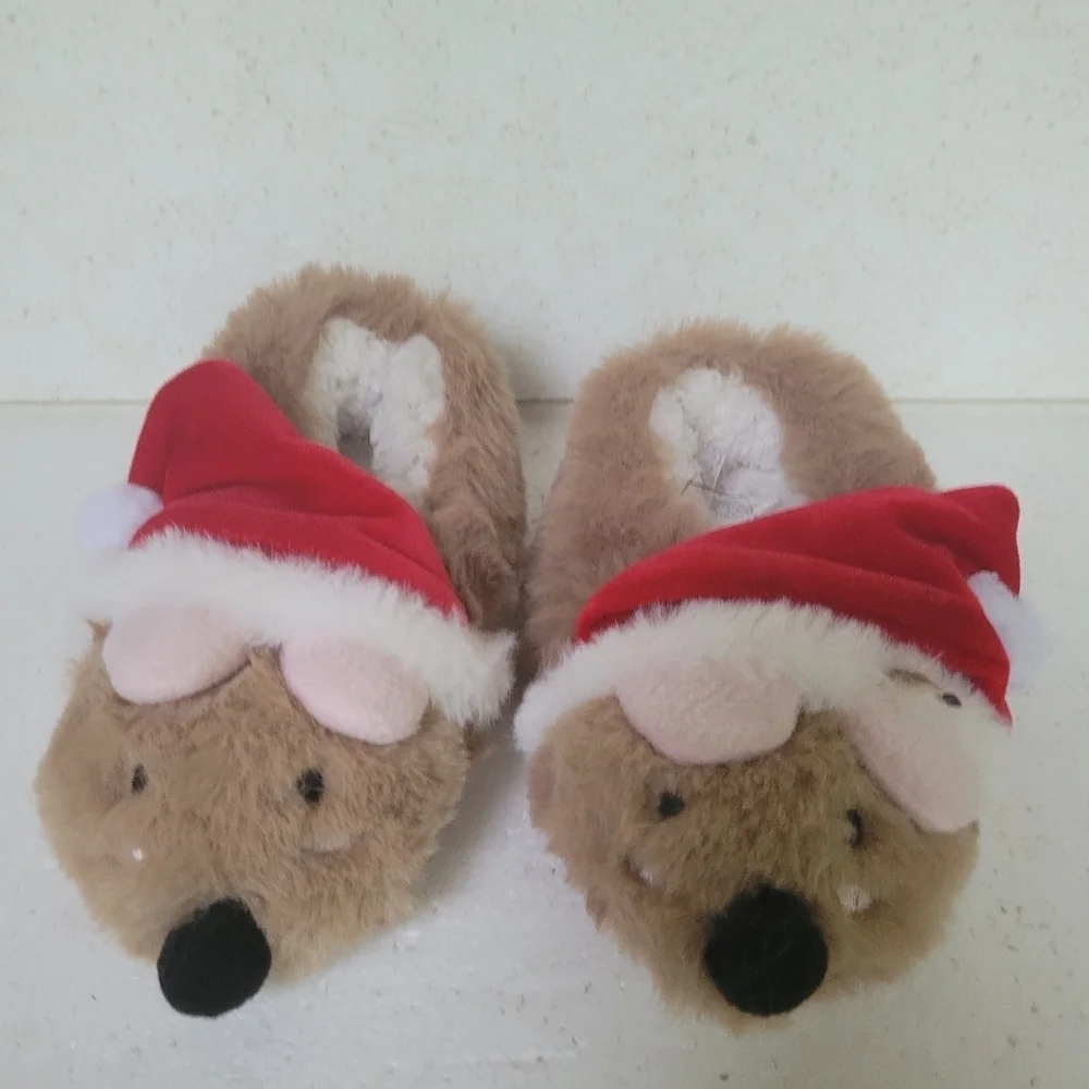 Cozy Brown Kids Slippers with Santa Hat